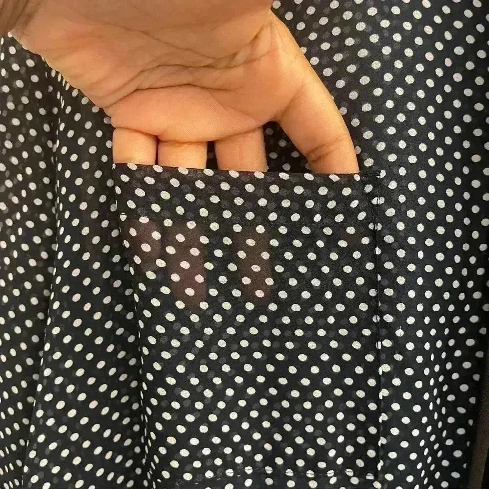 Sheer Button Down Polka Dot Blouse with Bow (Navy Blue, Black and White) - Picture 4 of 10